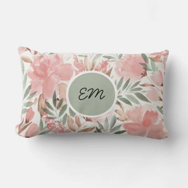Coussin Rectangle Motif floral à monogramme aquarelle (Recto)
