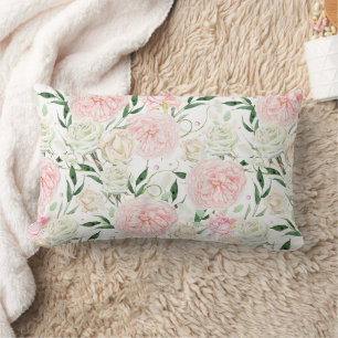 Coussin Rectangle Motif floral aquarelle rose tendre et pivoine
