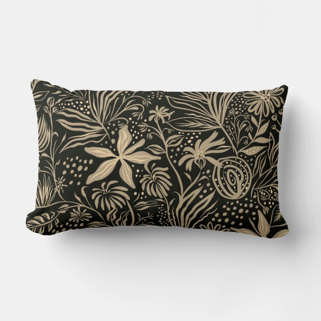 Coussin Rectangle Motif floral brillant en or sur noir  (Recto)