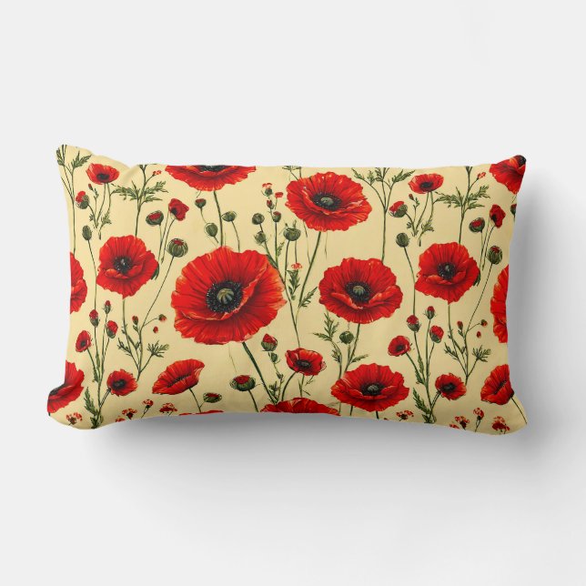 Coussin Rectangle Motif floral de coquelicot rouge (Recto)