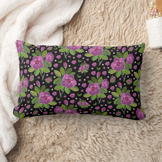Coussin Rectangle Motif floral lilas rose vert noir (Couverture)