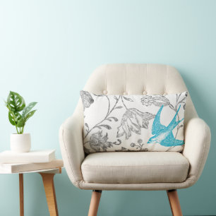 Coussin Rectangle Motif floral oiseau vintage moderne aqua et gris