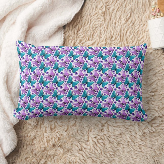 Coussin Rectangle Motif floral papillon violet cyan (Couverture)