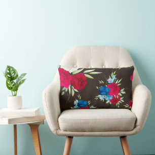 Coussin Rectangle Motif floral rouge bleu élégant sur fond brun fonc