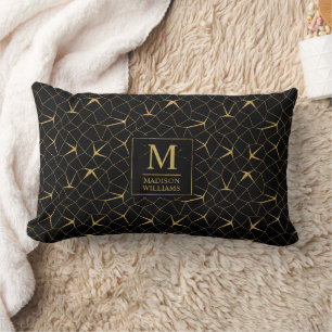 Coussin Rectangle Motif géométrique de luxe pailleté noir et or