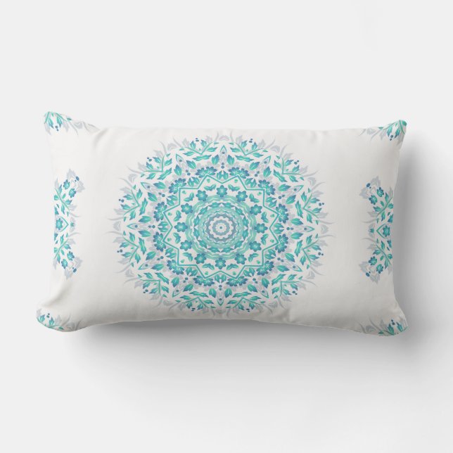 Coussin Rectangle Motif géométrique Mandala blanc turquoise (Recto)