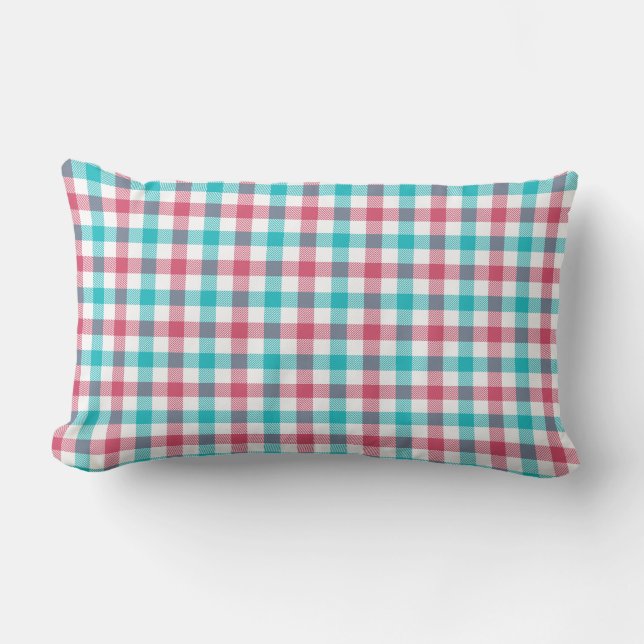 Coussin Rectangle Motif Gingham Vert Bleu et Rouge Corail Maison de  (Recto)