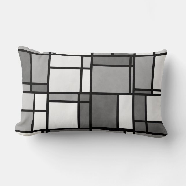 Coussin Rectangle Motif inspiré de Mondrian avec plusieurs gris et b (Recto)