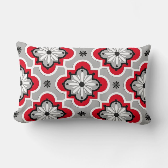 Coussin Rectangle Motif marocain en tuiles - Gris et Rouge (Recto)