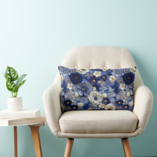 Coussin Rectangle Motif moderne bleu bleu blanc 3D Floral