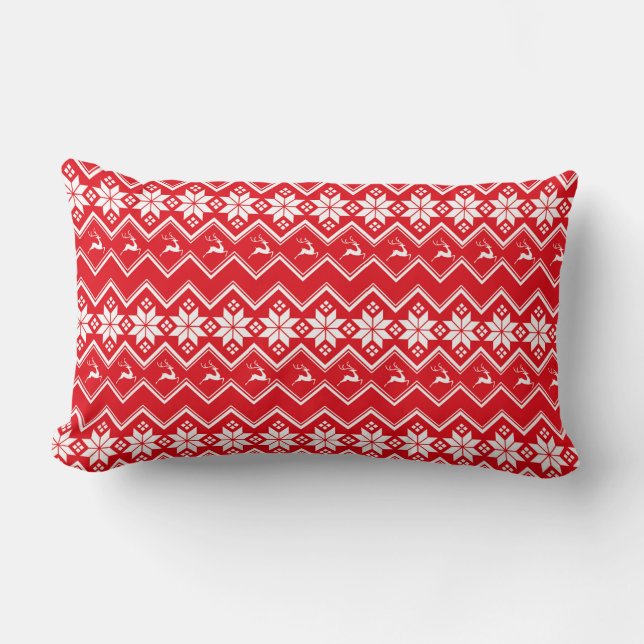 Coussin Rectangle Motif nordique de rennes en rouge et blanc (Recto)