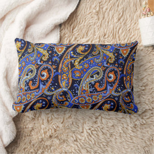 Coussin Rectangle Motif Paisley Bohème Navy et Orange Vibrant