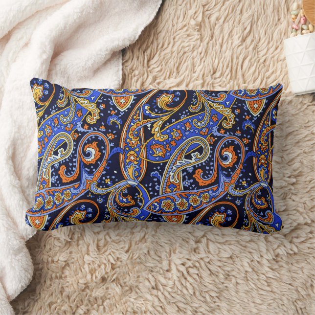 Coussin Rectangle Motif Paisley Bohème Navy et Orange Vibrant (Couverture)