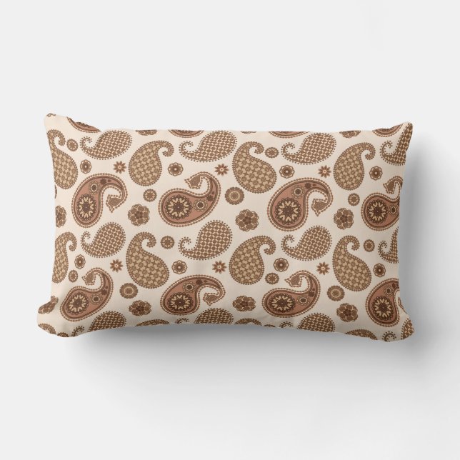 Coussin Rectangle Motif Paisley, Chocolat Brown et Tan sur Beige (Recto)