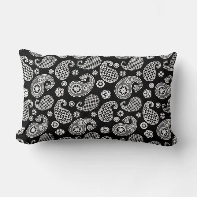 Coussin Rectangle Motif Paisley, noir et blanc (Recto)