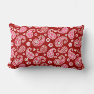 Coussin Rectangle Motif Paisley, rouge foncé, blanc et rose corail