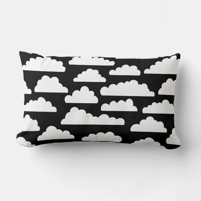 Coussin Rectangle Motif pelucheux de nuages - blanc sur le noir (Recto)