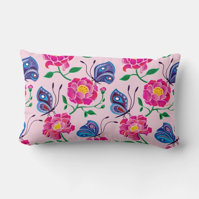 Coussin Rectangle Motif Pivoines et Papillons (Verso)