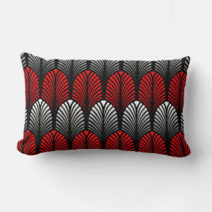 Coussin Rectangle Motif plume Art déco, gris argenté et rouge