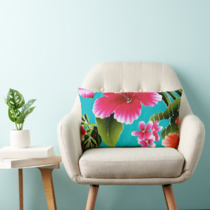 Coussin Rectangle Motif rose Turquoise Hawaiian Hibiscus Fleurs