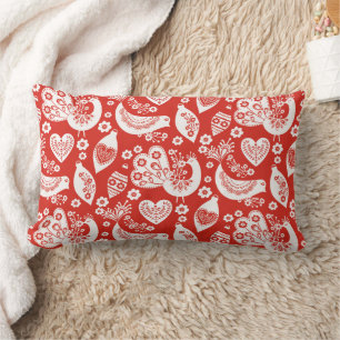 Coussin Rectangle Motif scandinave rouge de Noël avec des oiseaux