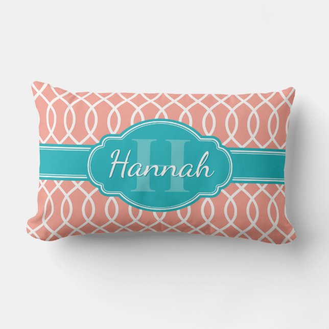 Coussin Rectangle Motif Turquoise Monogramme rose blanc élégant (Recto)