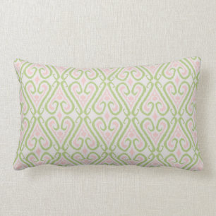 Coussin Rectangle Motifs damassés chic rose pastel et vert ikat