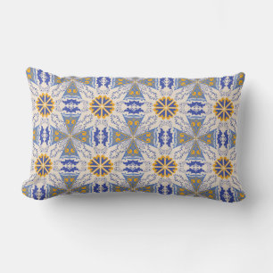 Coussin Rectangle motifs géométriques bleus et jaunes complexes
