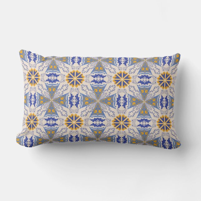 Coussin Rectangle motifs géométriques bleus et jaunes complexes (Recto)