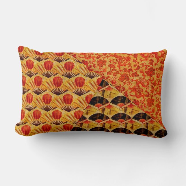 Coussin Rectangle Motifs rouges de Japonais de noir et d'or (Recto)