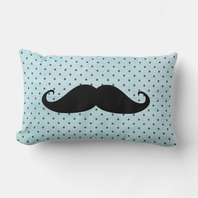 Coussin Rectangle Moustache noire drôle sur le pois bleu turquoise (Recto)