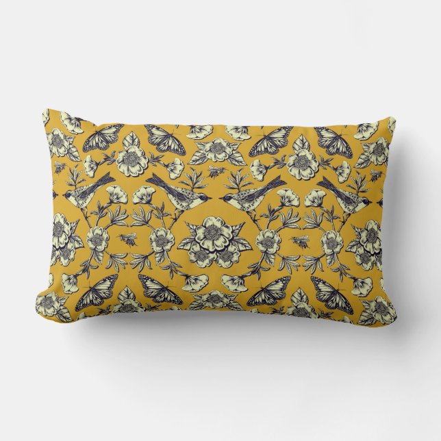 Coussin Rectangle Moutarde Jaune et Oiseaux de la Marine, Papillons  (Recto)
