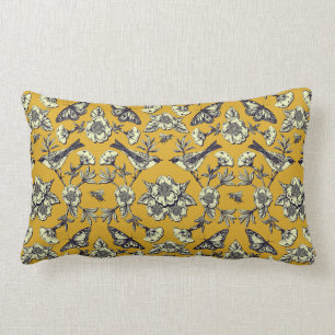 Coussin Rectangle Moutarde Jaune et Oiseaux de la Marine, Papillons