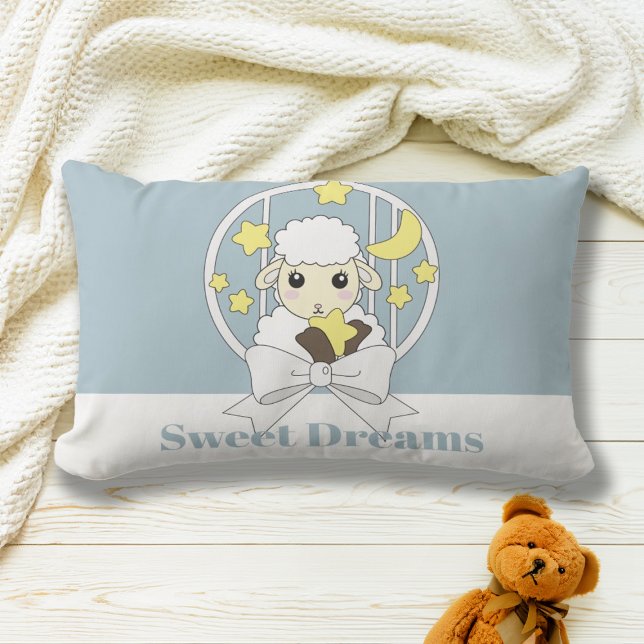 Coussin Rectangle Mouton Mignon Bleu Pastel Rétro (Créateur téléchargé)