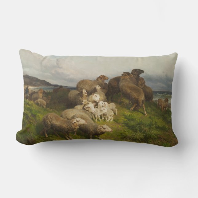 Coussin Rectangle Moutons dans un pré (par August Friedrich Schenck) (Recto)
