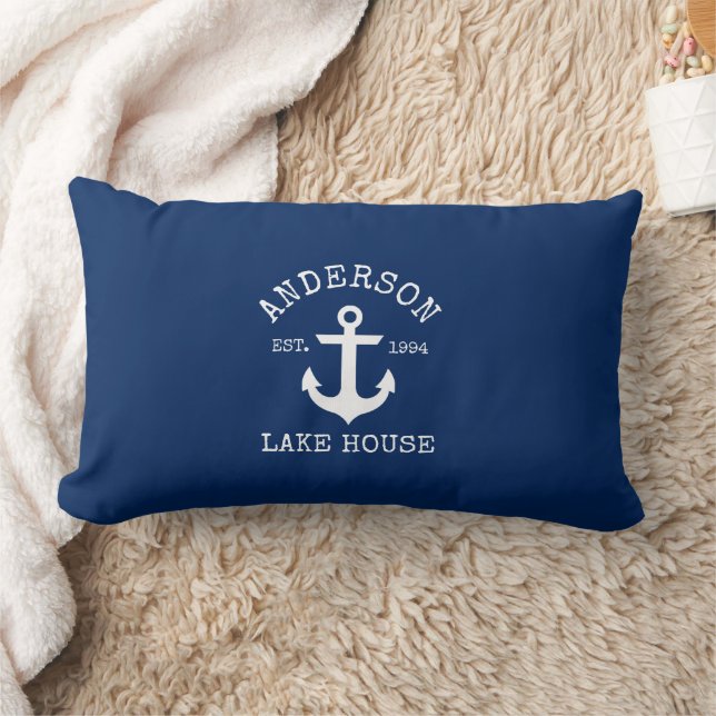 Coussin Rectangle Nautical Lake House Nom de famille Ancre Marine Bl (Couverture)