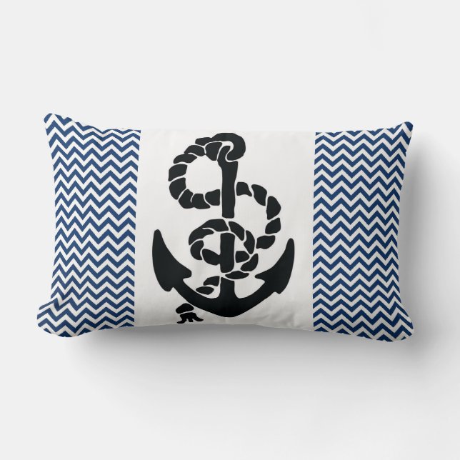 COUSSIN RECTANGLE NAUTIQUE /ANCRE ET ROPE, CHEVRONS BLANCS BLEUS MAR (Recto)