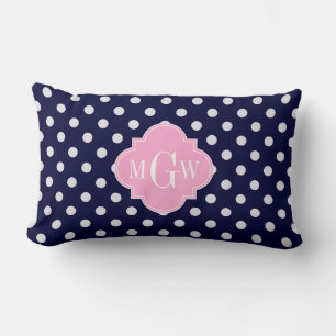 Coussin Rectangle Navy Blanc Points Roses Quatrefeuilles 3 Monogramm