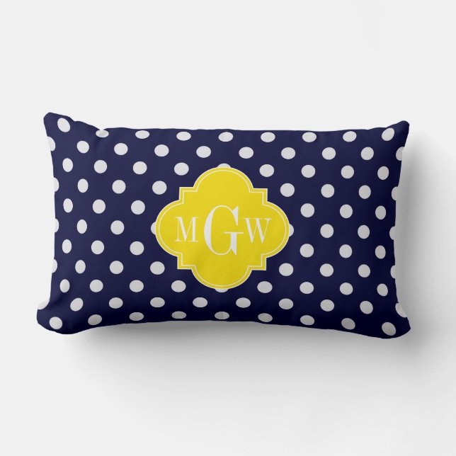 Coussin Rectangle Navy Blanc pois jaunes Quatrefeuille 3 Monogramme (Recto)