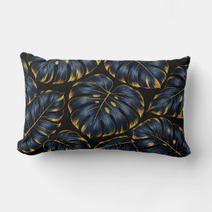 Coussin Rectangle Navy Blue Gold Monstera Luxury Botanical