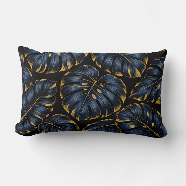 Coussin Rectangle Navy Blue Gold Monstera Luxury Botanical (Recto)