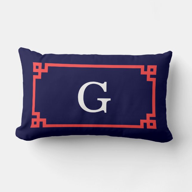 Coussin Rectangle Navy, Cadre Monogramme Initiale grec #2 Rouge Cora (Recto)