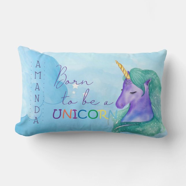 Coussin Rectangle NÉ POUR ÊTRE UN UNICORN Cute Blue aquarelle Nom (Recto)