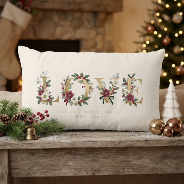 Coussin Rectangle Noël doré AMOUR Holly & Feuillage MH26 (Golden Christmas LOVE Design Featuring Holly, Red Berries, Evergreen Foliage, White Flowers.)