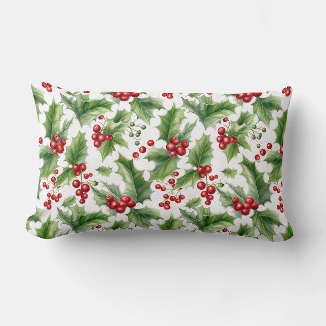 Coussin Rectangle Noël Holly Feuilles Et Baies Rouges Sans Fil (Recto)