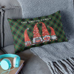 Coussin Rectangle Noël Nordique Famille Gnomes Vert Plaid