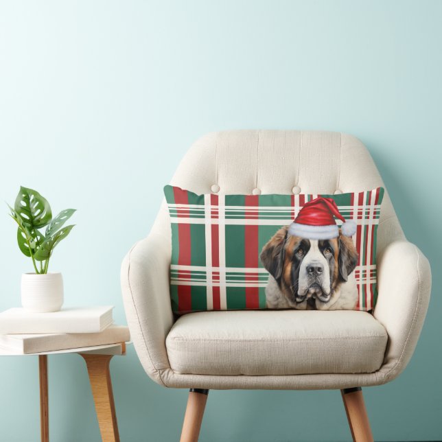 Coussin Rectangle Noël pour amateur de chien Saint-Bernard carreaux  (Chaise)