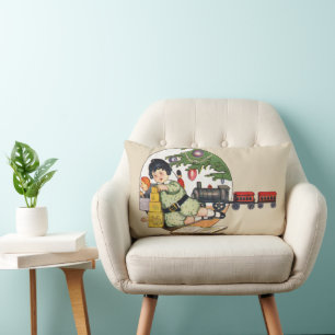 Coussin Rectangle Noël vintage, garçon heureux jouant avec des jouet