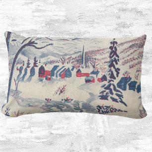 Coussin Rectangle Noël vintage, paysage hivernal de village enneigé