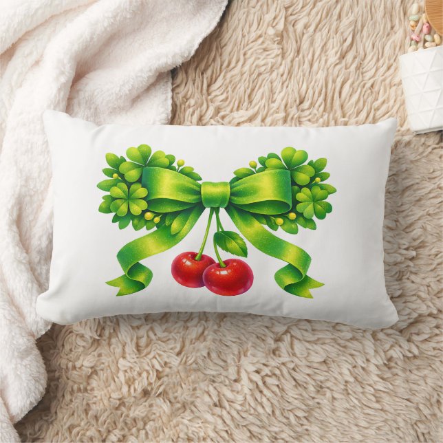 Coussin Rectangle Nœud de trèfle chanceux avec cerises motif vert (Couverture)